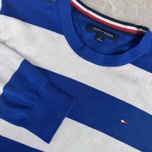 90'sTommy Hilfiger Men's Blue Signature Rugby Striped Crew-Neck  Sweater Medium